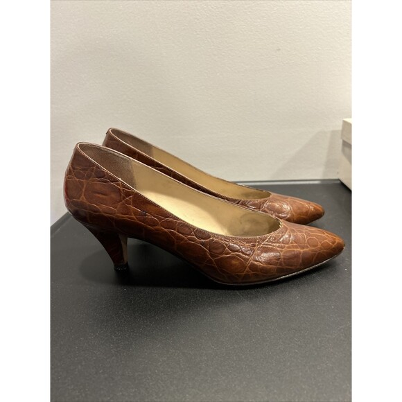 Vintage AMALFI Brown Leather Croco Textured MONICA Heels Womens 9AA Italy-B124 - Picture 6 of 11